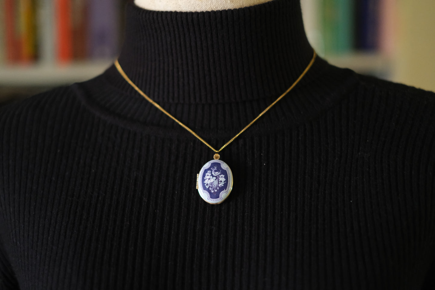 Vintage Michaela Frey Wien Enamel Peacock Locket Pendant Necklace – Blue & White Enamel, Gold Tone