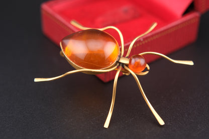 Vintage Amber Insect Brooch, Gold-Tone Statement Pin