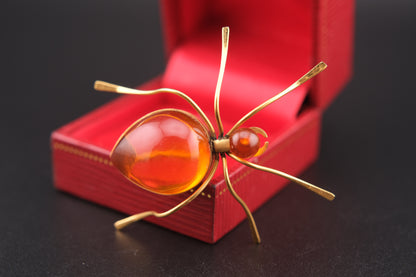 Vintage Amber Insect Brooch, Gold-Tone Statement Pin