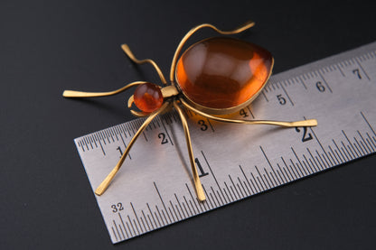Vintage Amber Insect Brooch, Gold-Tone Statement Pin