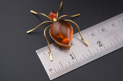 Vintage Amber Insect Brooch, Gold-Tone Statement Pin