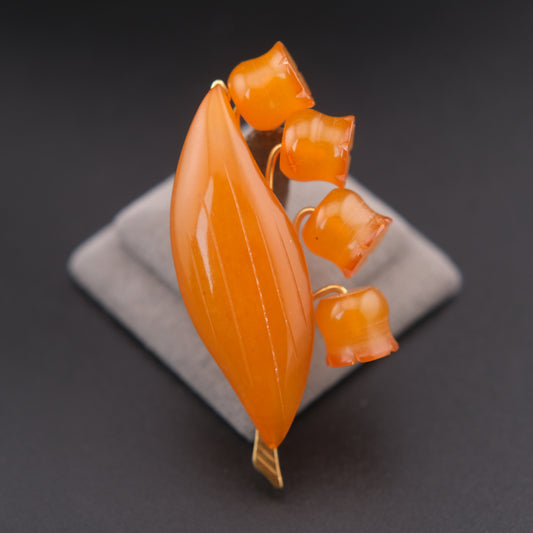 ❤️ Vintage Baltic Amber Lily of the Valley Brooch – Russian Marked, Hand-Carved Floral Pin