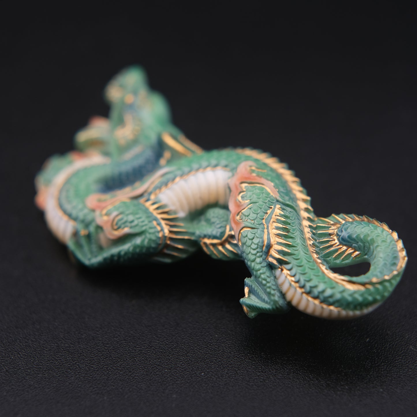 Vintage Toshikane Arita Green Dragon Brooch – Japanese Porcelain & Gilt Accent, Highly Detailed Mythical Creature Pin