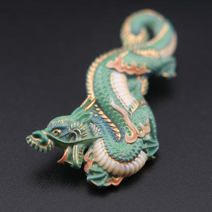 Vintage Toshikane Arita Green Dragon Brooch – Japanese Porcelain & Gilt Accent, Highly Detailed Mythical Creature Pin