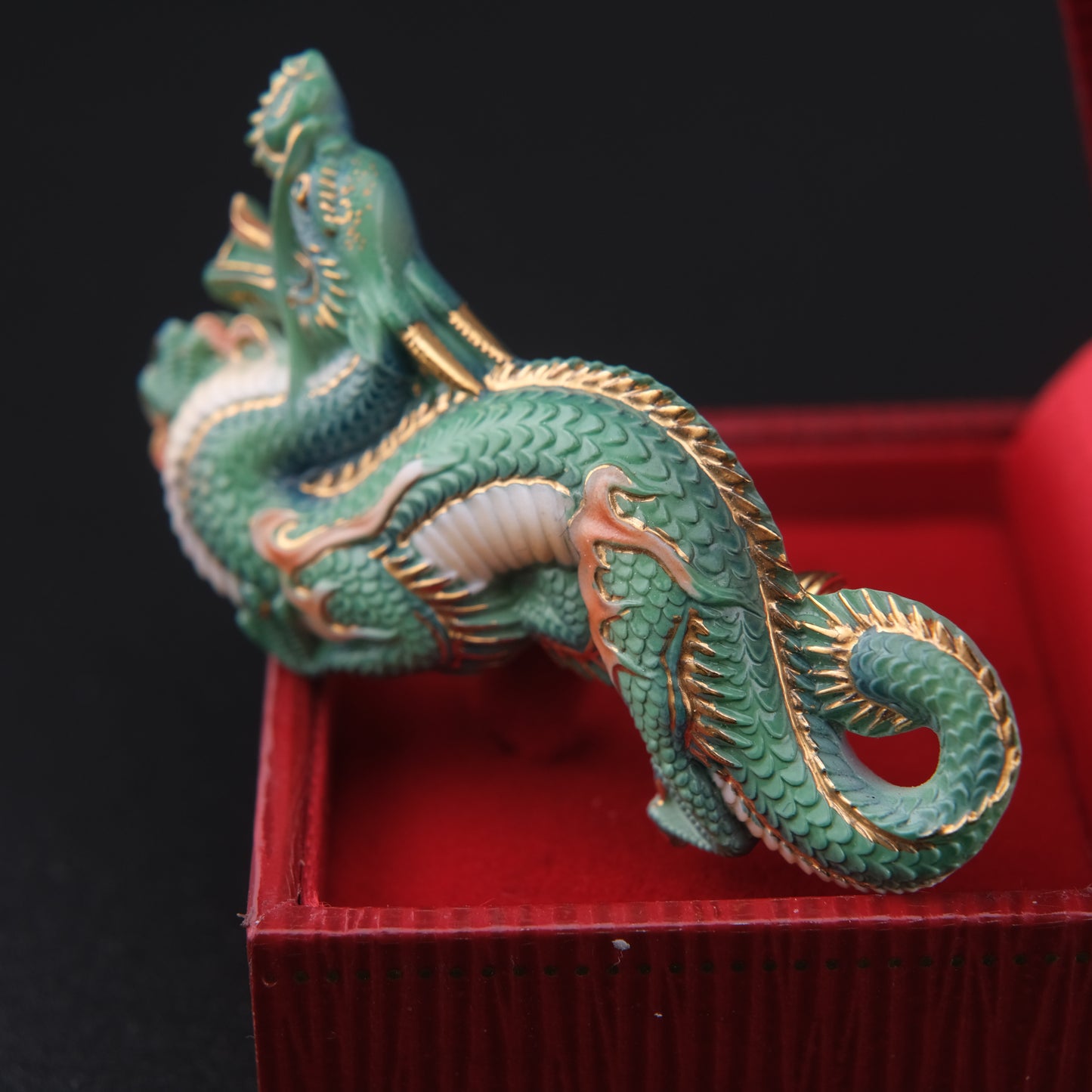 Vintage Toshikane Arita Green Dragon Brooch – Japanese Porcelain & Gilt Accent, Highly Detailed Mythical Creature Pin