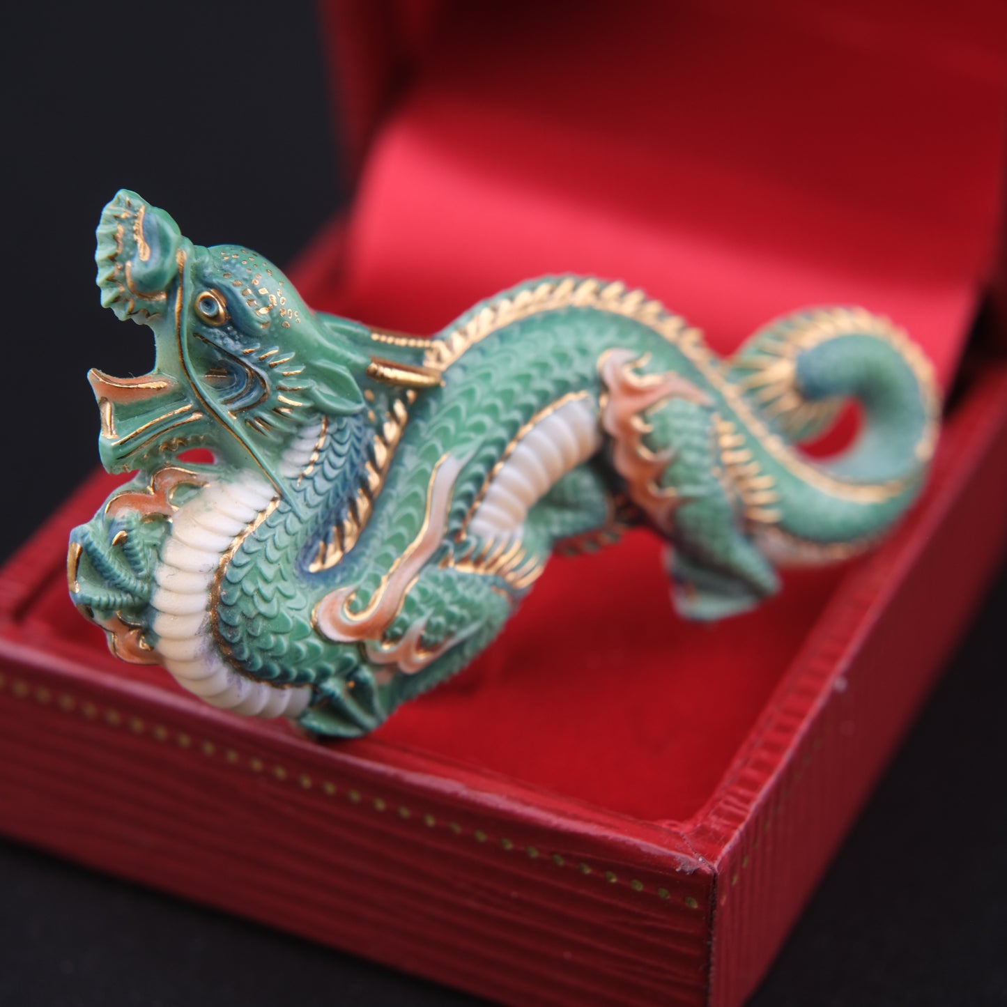 Vintage Toshikane Arita Green Dragon Brooch – Japanese Porcelain & Gilt Accent, Highly Detailed Mythical Creature Pin