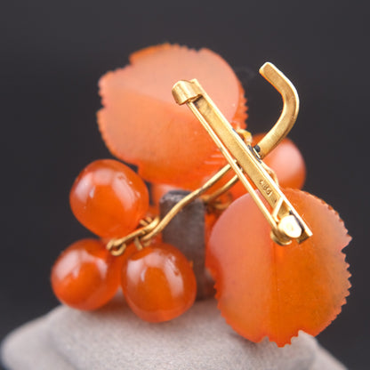 ❤️ Vintage Baltic Amber Grape Cluster Brooch – Hand Carved Leaves, 9ЯК Mark