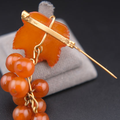 ❤️ Vintage Baltic Amber Grape Brooch USSR 2ЯК Mark Carved Leaf Cluster