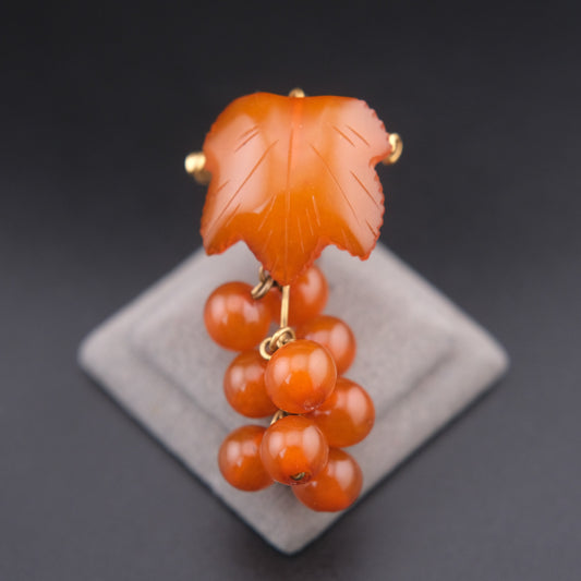 ❤️ Vintage Baltic Amber Grape Brooch USSR 2ЯК Mark Carved Leaf Cluster