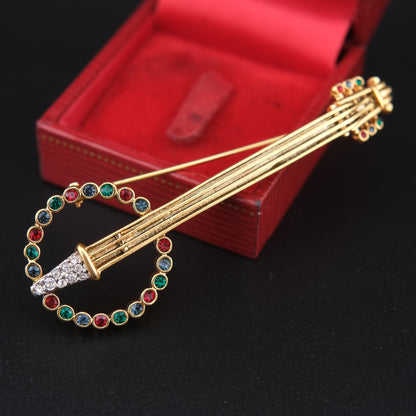 ❤️ Vintage Keyes Banjo Rhinestone Brooch – Signed – 3" Musical Motif