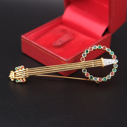 ❤️ Vintage Keyes Banjo Rhinestone Brooch – Signed – 3" Musical Motif