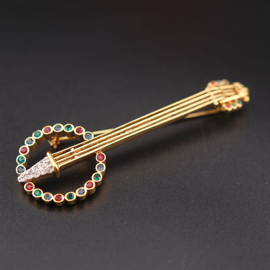 ❤️ Vintage Keyes Banjo Rhinestone Brooch – Signed – 3" Musical Motif