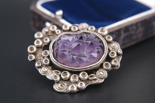 Vintage Miracle Celtic Revival Brooch – Faceted Amethyst Glass in Silver-Tone Setting