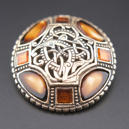 ❤️ Miracle Celtic Revival Brooch – Pale Gold-Tone with Amber Glass Inlays