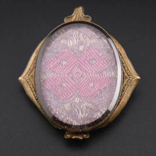 ❤️Vintage Langani Brooch Pendant – Pink Floral Textile Under Flat Glass – Convertible Wearable Art Jewelry from Germany