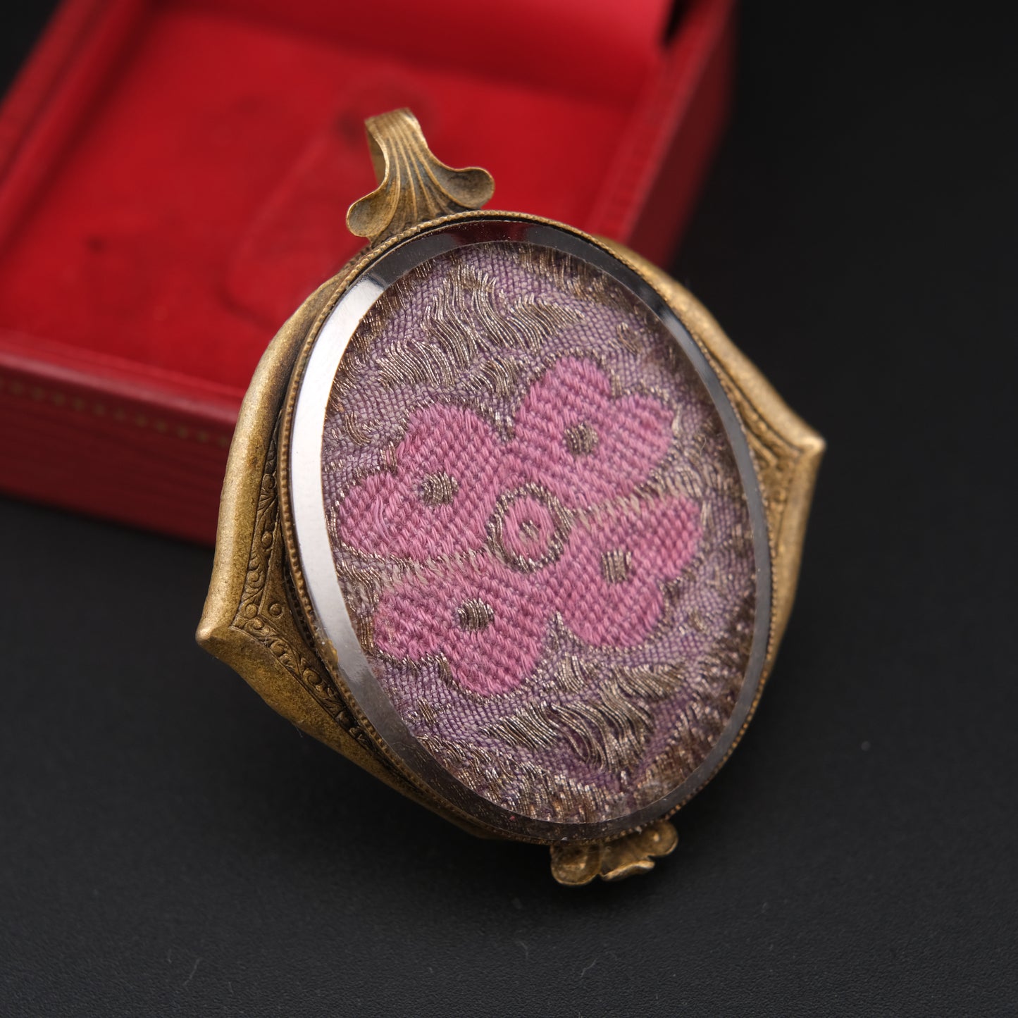 ❤️Vintage Langani Brooch Pendant – Pink Floral Textile Under Flat Glass – Convertible Wearable Art Jewelry from Germany