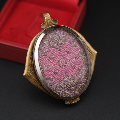 ❤️Vintage Langani Brooch Pendant – Pink Floral Textile Under Flat Glass – Convertible Wearable Art Jewelry from Germany