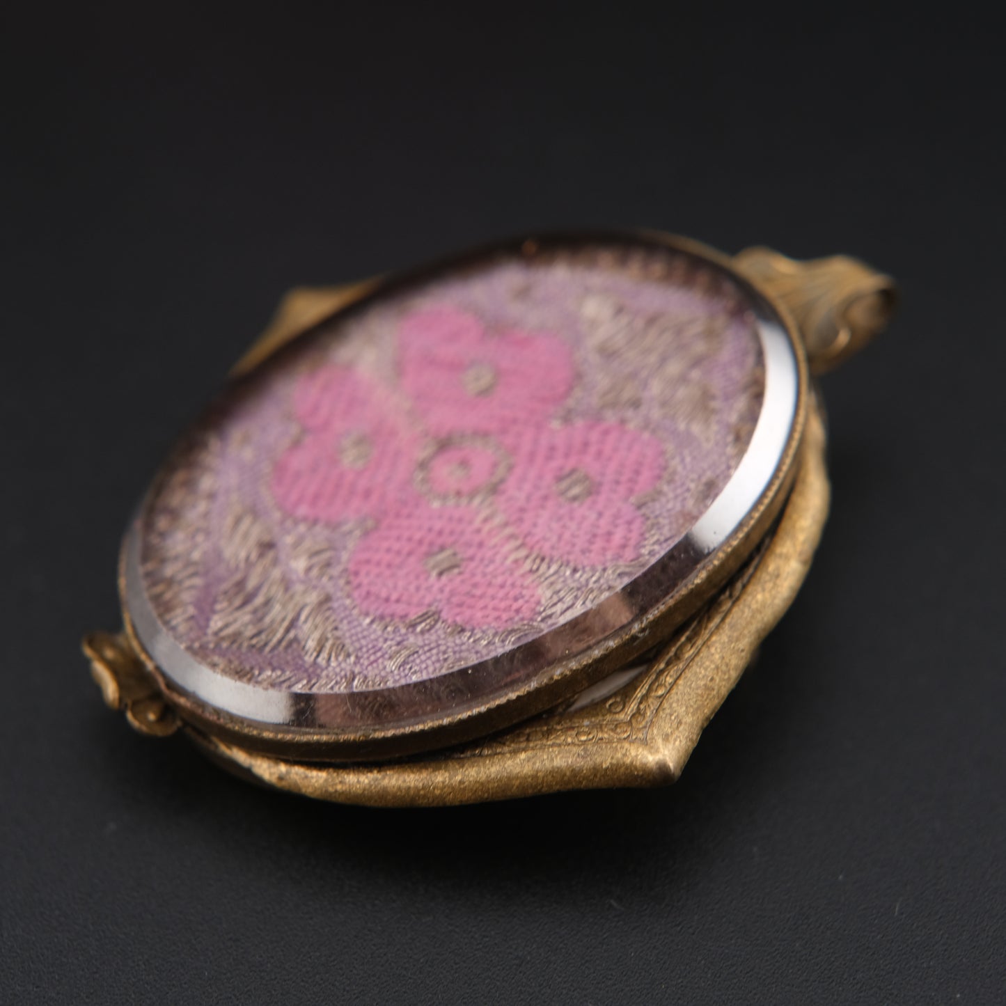 ❤️Vintage Langani Brooch Pendant – Pink Floral Textile Under Flat Glass – Convertible Wearable Art Jewelry from Germany