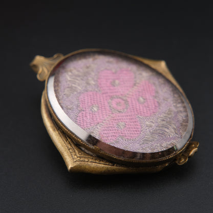 ❤️Vintage Langani Brooch Pendant – Pink Floral Textile Under Flat Glass – Convertible Wearable Art Jewelry from Germany