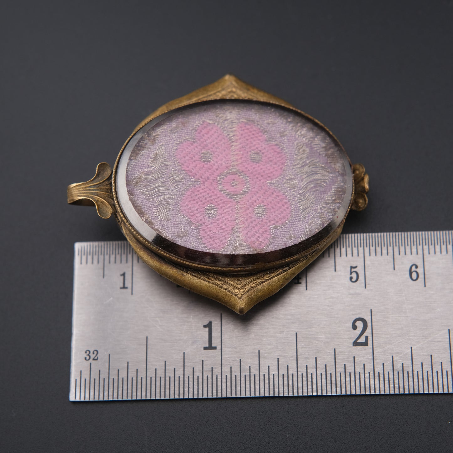 ❤️Vintage Langani Brooch Pendant – Pink Floral Textile Under Flat Glass – Convertible Wearable Art Jewelry from Germany