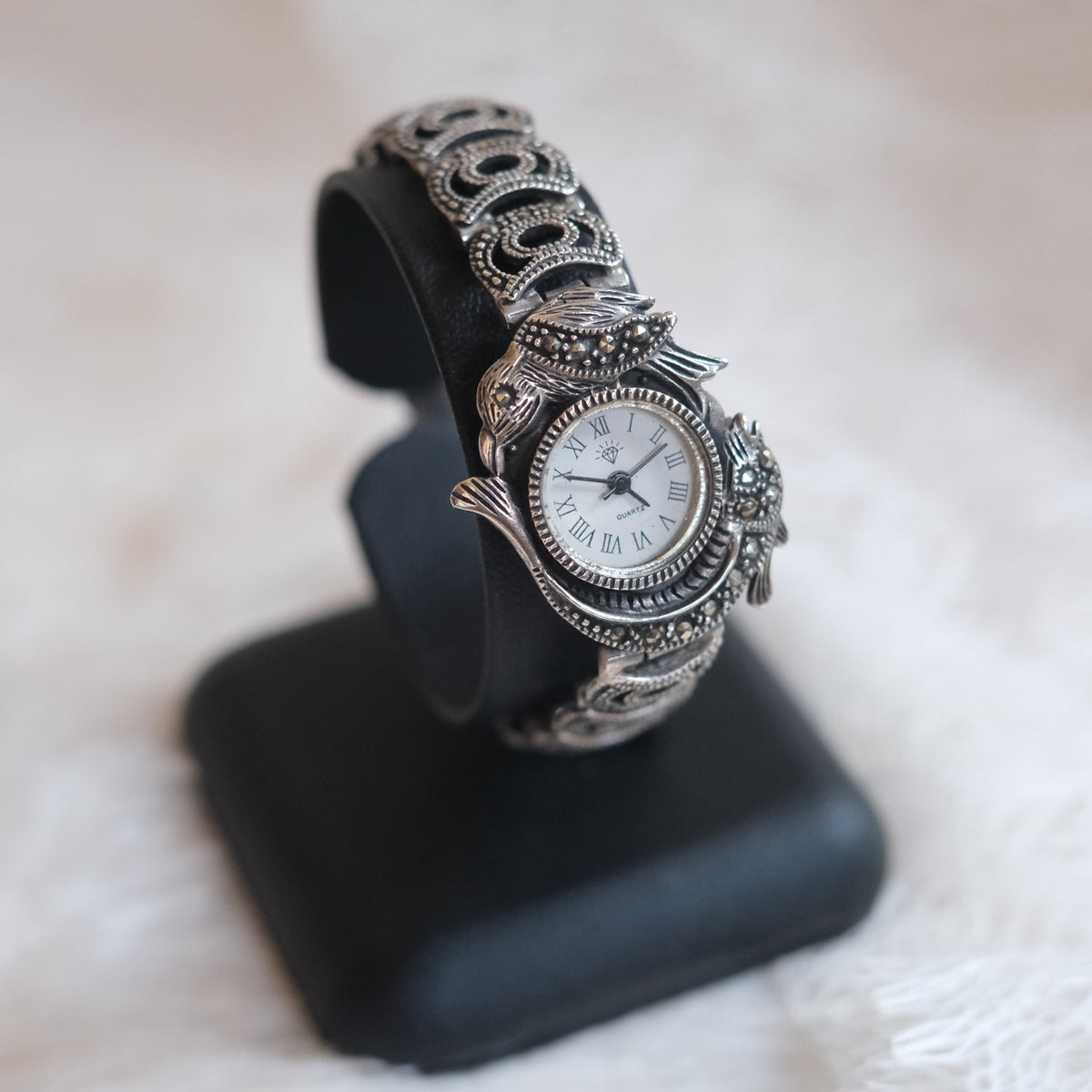Vintage 90s Majestron Sterling Silver .925 Marcasite Onyx Cocktail Watch MAJESTRON Dainty Womens Watch Silver Tone Beaded Safety  main image 3
