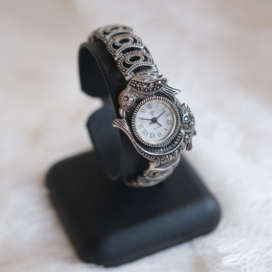 Vintage 925 Marcasite Bird & Fish Bracelet Watch – Japan Quartz