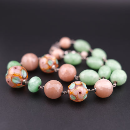 Vintage Sterling Silver Beaded Necklace with Murano Glass, Aventurine & Peach Quartz