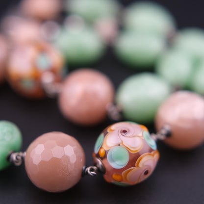 Vintage Sterling Silver Beaded Necklace with Murano Glass, Aventurine & Peach Quartz