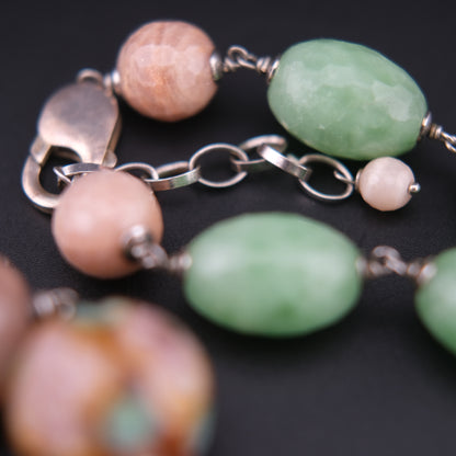 Vintage Sterling Silver Beaded Necklace with Murano Glass, Aventurine & Peach Quartz