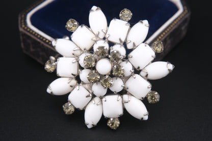 Vintage White Milk Glass & Rhinestone Brooch – Floral Snowflake Design | Mid-Century Costume Jewelry