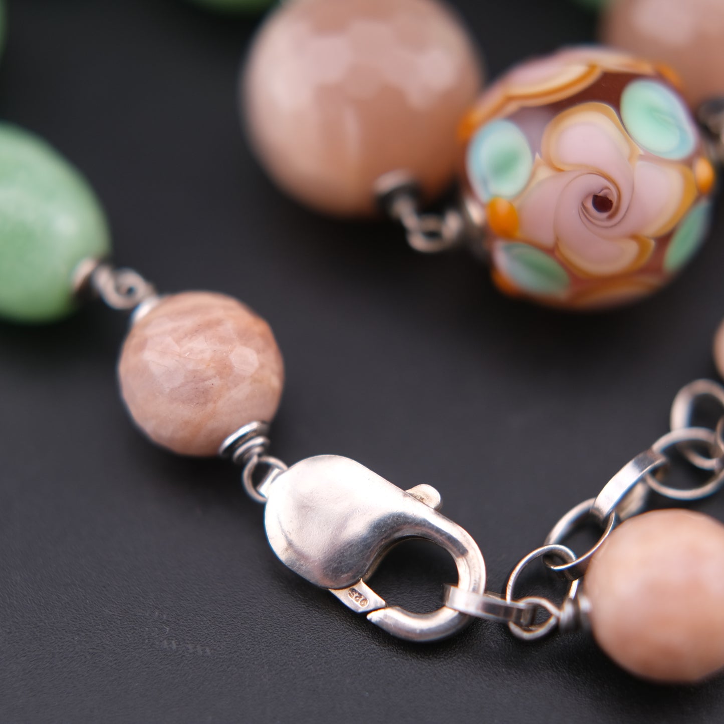 Vintage Sterling Silver Beaded Necklace with Murano Glass, Aventurine & Peach Quartz