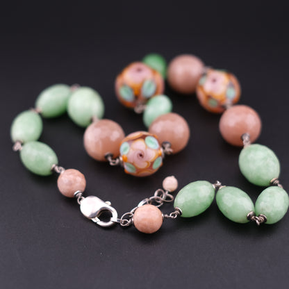 Vintage Sterling Silver Beaded Necklace with Murano Glass, Aventurine & Peach Quartz