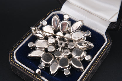 Vintage White Milk Glass & Rhinestone Brooch – Floral Snowflake Design | Mid-Century Costume Jewelry