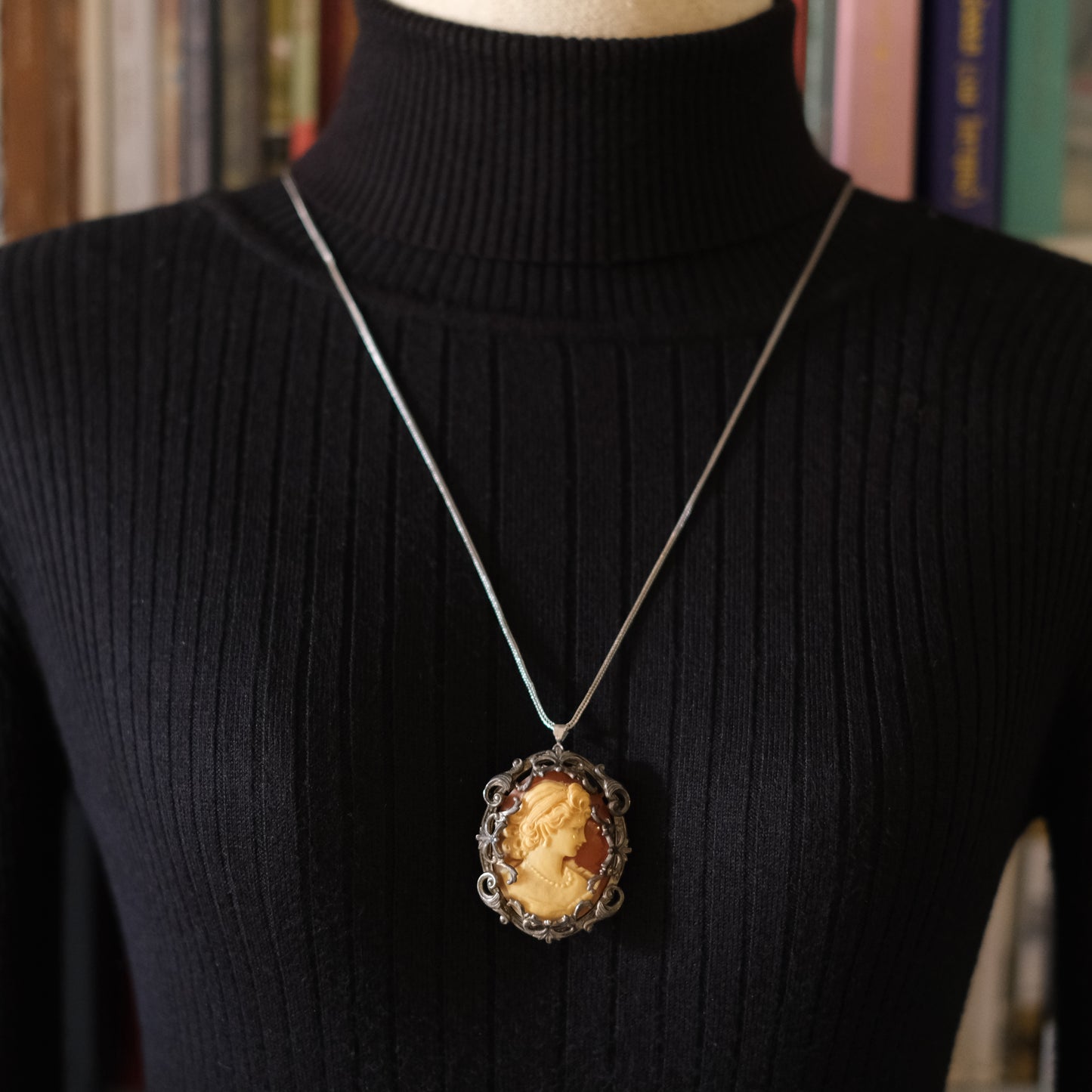 Vintage Hand-Carved Cameo Brooch & Pendant in Ornate Silver-Tone Frame – Signed & Engraved