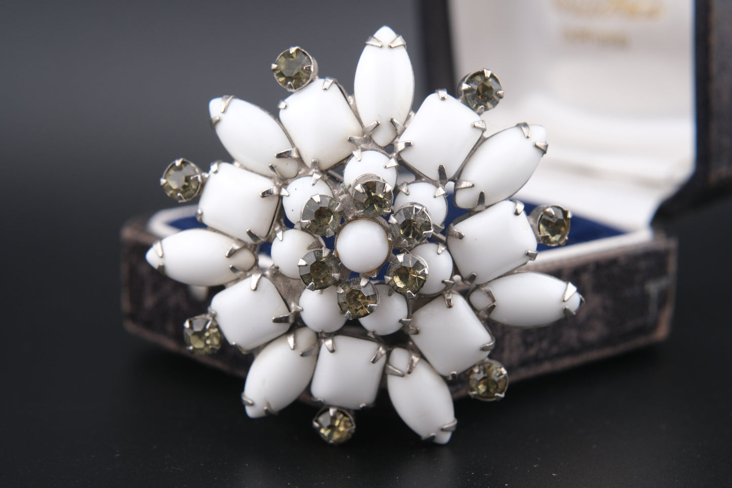 Vintage White Milk Glass & Rhinestone Brooch – Floral Snowflake Design | Mid-Century Costume Jewelry