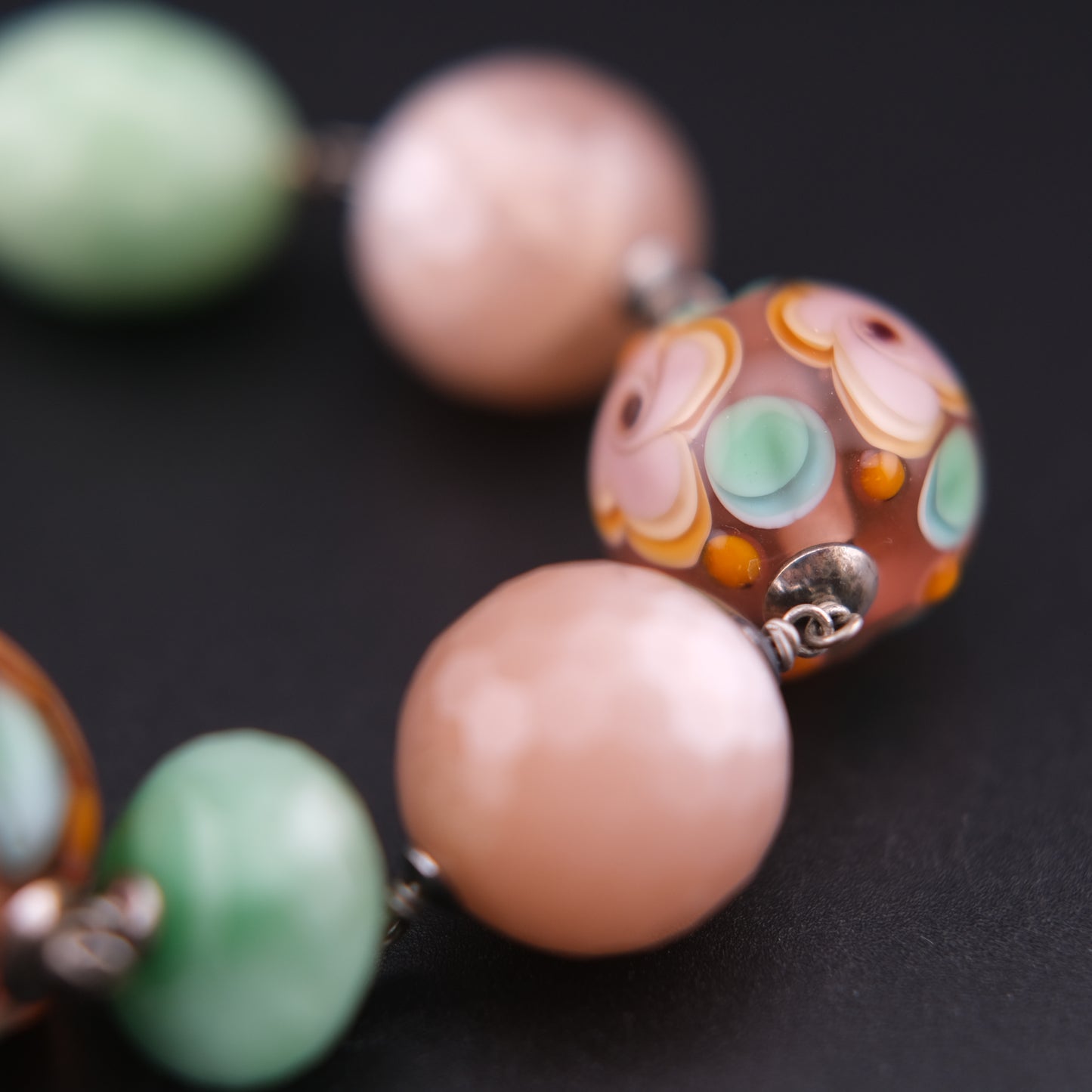 Vintage Sterling Silver Beaded Necklace with Murano Glass, Aventurine & Peach Quartz