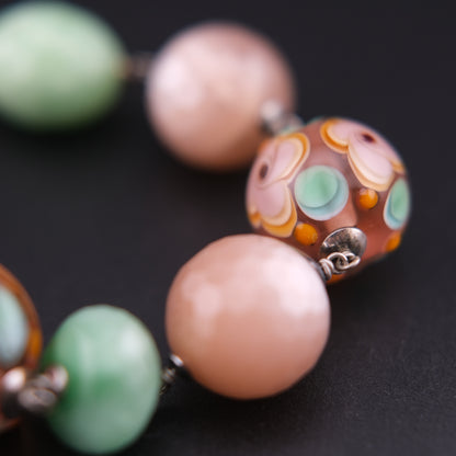 Vintage Sterling Silver Beaded Necklace with Murano Glass, Aventurine & Peach Quartz
