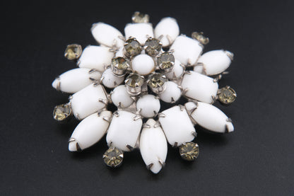 Vintage White Milk Glass & Rhinestone Brooch – Floral Snowflake Design | Mid-Century Costume Jewelry