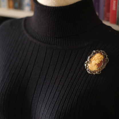 Vintage Hand-Carved Cameo Brooch & Pendant in Ornate Silver-Tone Frame – Signed & Engraved