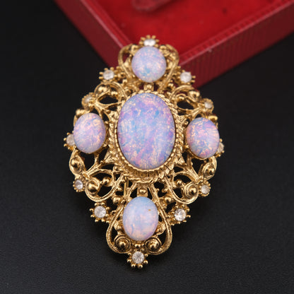 ❤️ Vintage Sphinx Opaline Cabochon Filigree Gold-Tone Brooch | British Costume Jewelry