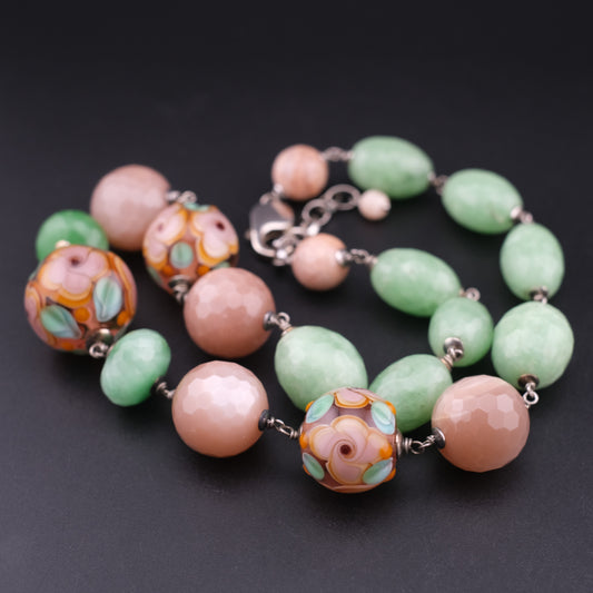 Vintage Sterling Silver Beaded Necklace with Murano Glass, Aventurine & Peach Quartz