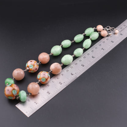 Vintage Sterling Silver Beaded Necklace with Murano Glass, Aventurine & Peach Quartz