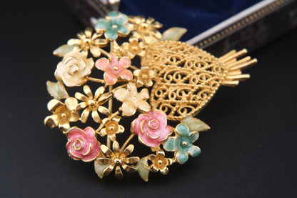 Vintage M. Jent Enamel Floral Bouquet Brooch with Filigree Heart Base