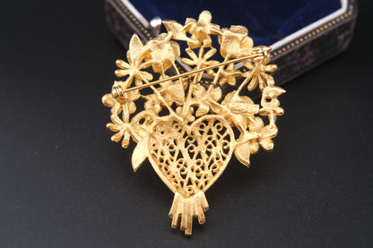 Vintage M. Jent Enamel Floral Bouquet Brooch with Filigree Heart Base