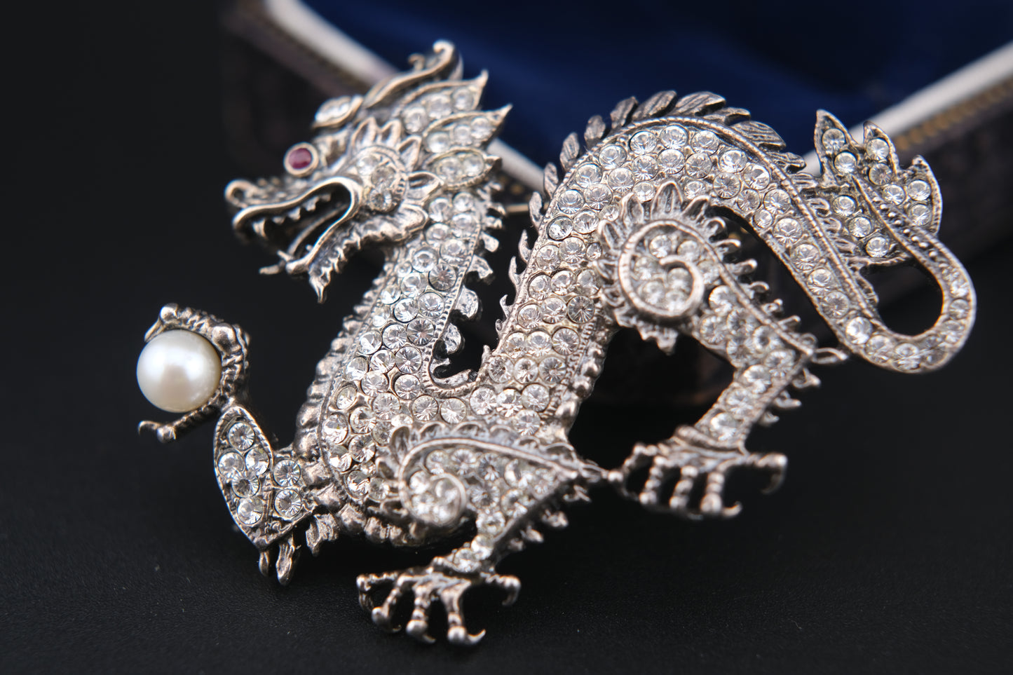 Franklin Mint Sterling Silver Dragon Brooch – Crystal Pavé with Pearl & Red Gem Eye