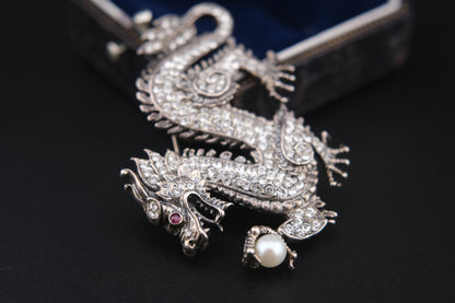 Franklin Mint Sterling Silver Dragon Brooch – Crystal Pavé with Pearl & Red Gem Eye