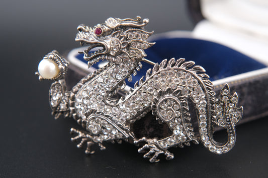 Franklin Mint Sterling Silver Dragon Brooch – Crystal Pavé with Pearl & Red Gem Eye