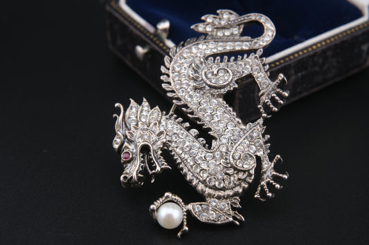 Franklin Mint Sterling Silver Dragon Brooch – Crystal Pavé with Pearl & Red Gem Eye