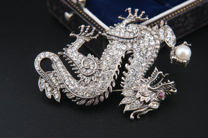 Franklin Mint Sterling Silver Dragon Brooch – Crystal Pavé with Pearl & Red Gem Eye