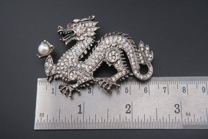 Franklin Mint Sterling Silver Dragon Brooch – Crystal Pavé with Pearl & Red Gem Eye